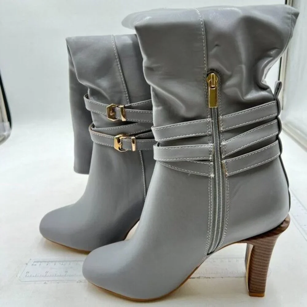 FSJ Women Fashion Knee High Long Boots Pull On Closed Toe Chunky Mid Heel Grey